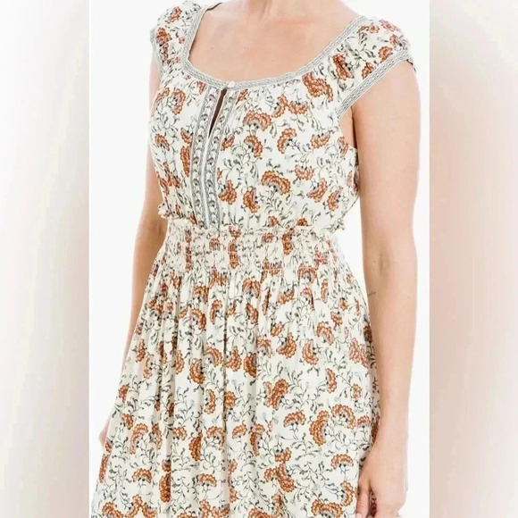 MAX STUDIO - Floral Smocked Maxi Dress Orange and Blue Print Size Small - Picture 3 of 5